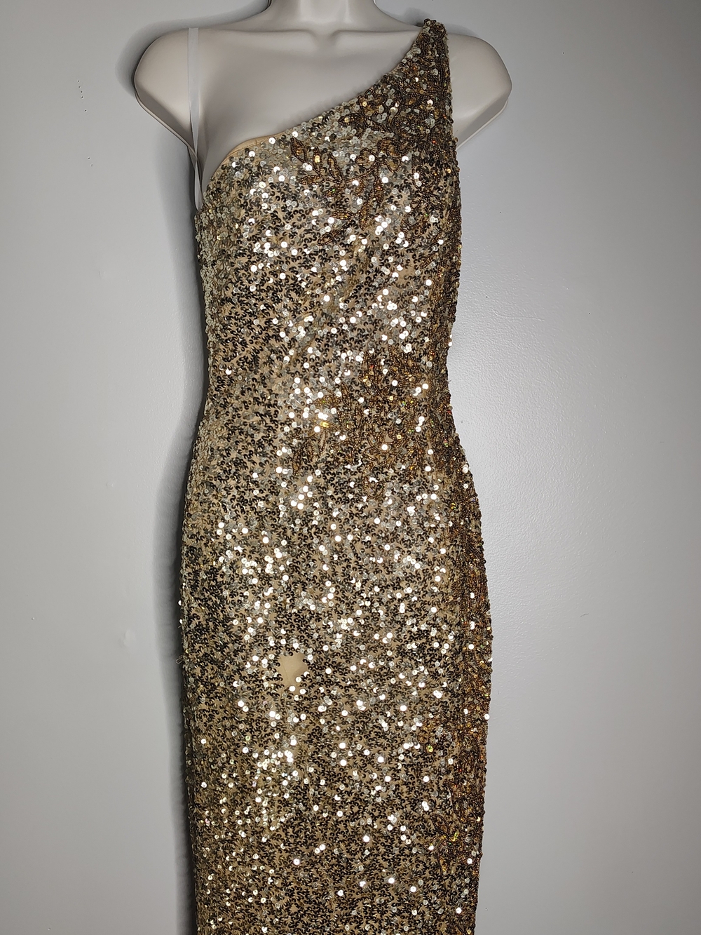 Primavera Gold Sequin Gown One Shoulder High Slit Formal Dress Women's Size 2